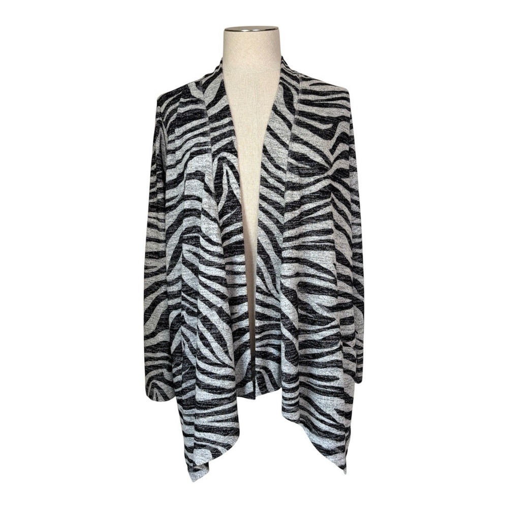Chico's Zenergy Zebra Print Open Front Cardigan Women's 1 Black White Drape Knit
